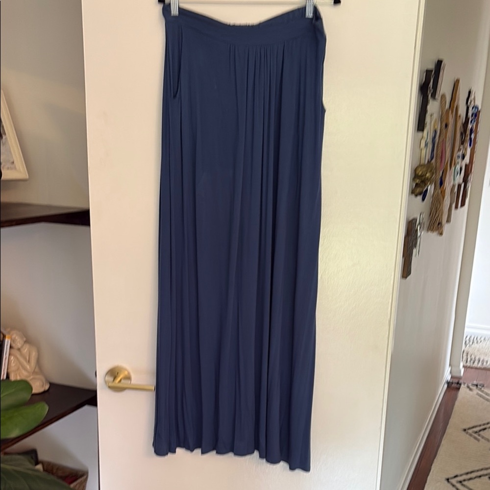 Blue Pleated elastic waist Maxi Skirt with pockets